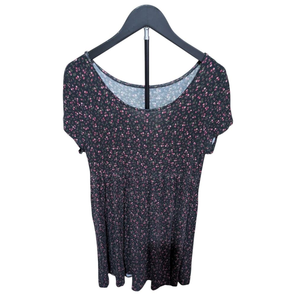 Women’s Medium Black Pink Floral Babydoll Dress Short Sleeve Casual Flowy - Picture 4 of 6